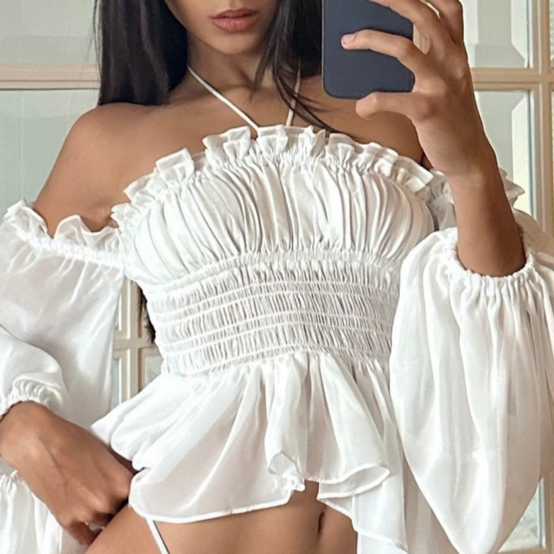 Women's Spring Sexy Pleated Ruffled Slim Fit Lantern Long Sleeve Women's T-shirt