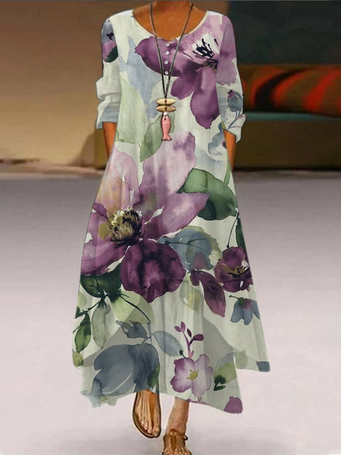 Women's Popular Printed Long-sleeved Hem Irregular Long Dress