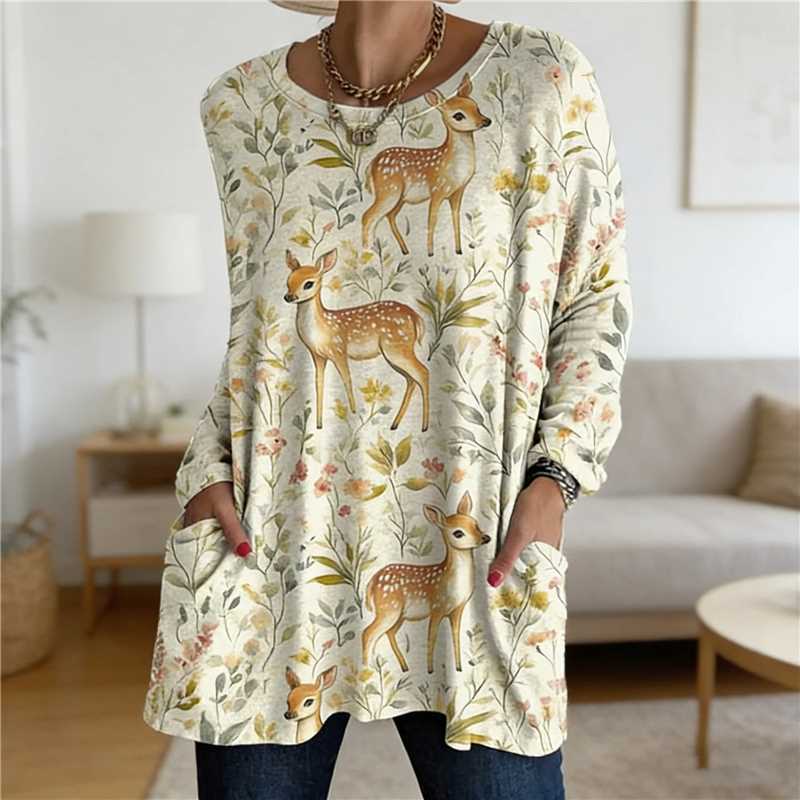 Women's Digital Printing Fashion Round Neck Mid-length Women's T-shirt
