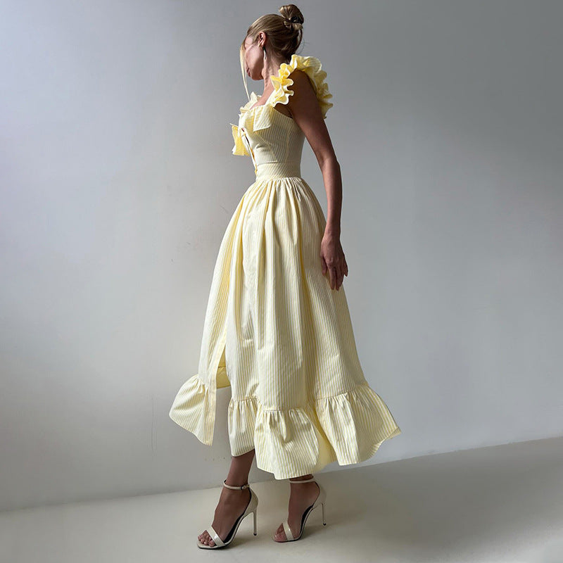 Flying Sleeves Striped Ruffled Long Summer Casual Style Dress