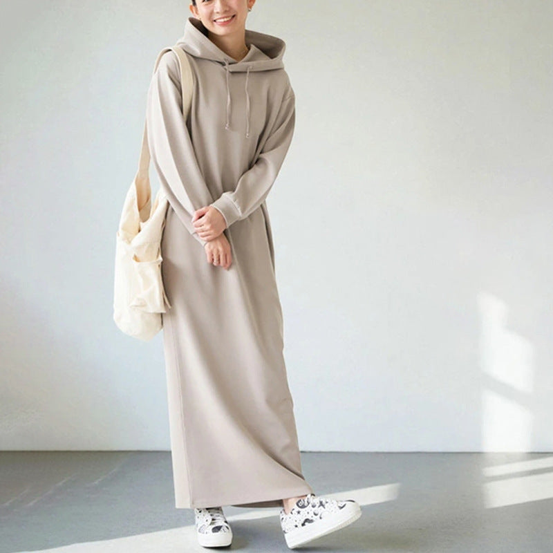 Women's Early Spring High-grade Small Hooded Solid Color Loose Dress