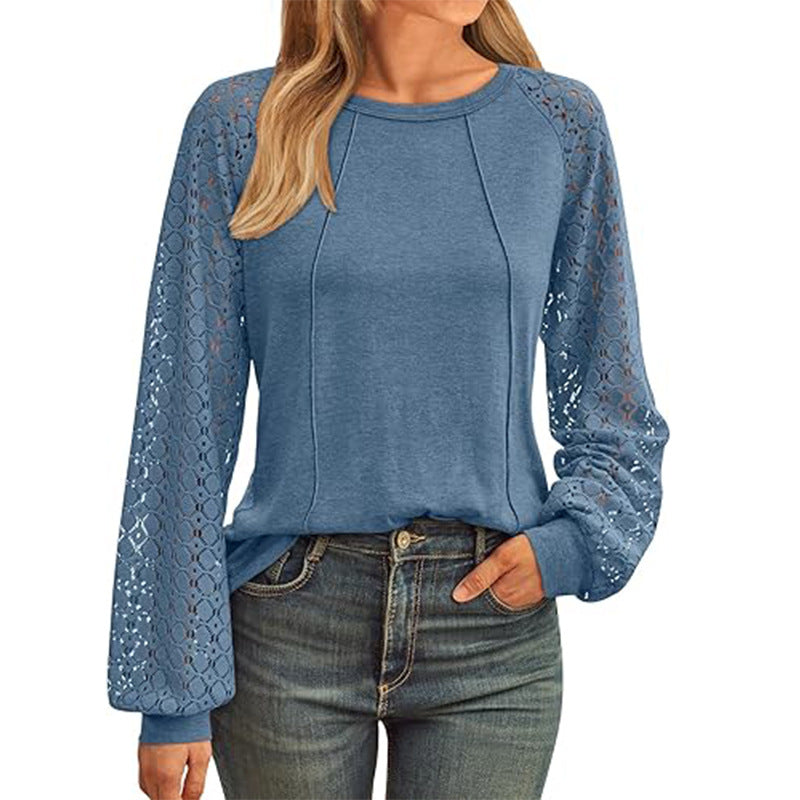 Women's Lace Patchwork Round Neck Pleated Long Tops