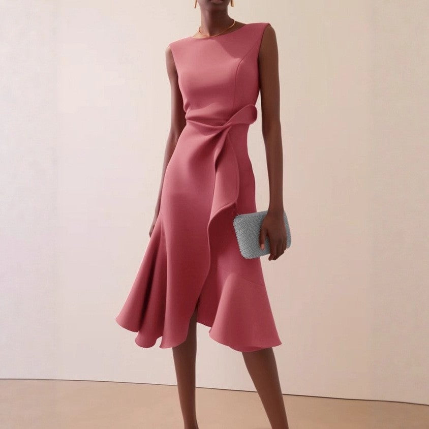 Women's Sleeveless Solid Color Round Neck Mid-length Dress