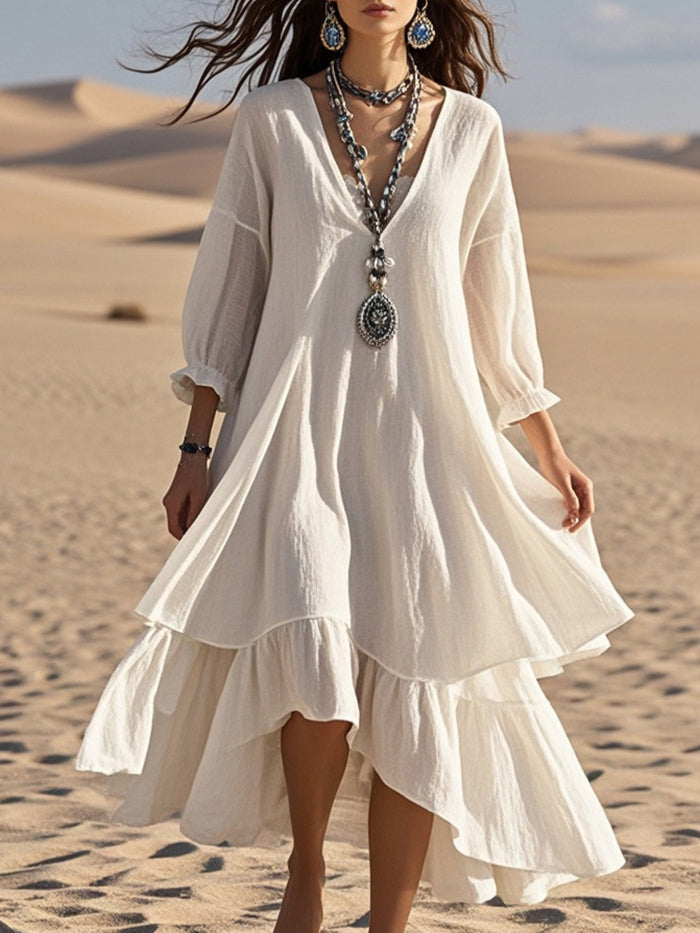 Women's Cotton Linen Solid Color Long Sleeve Dress