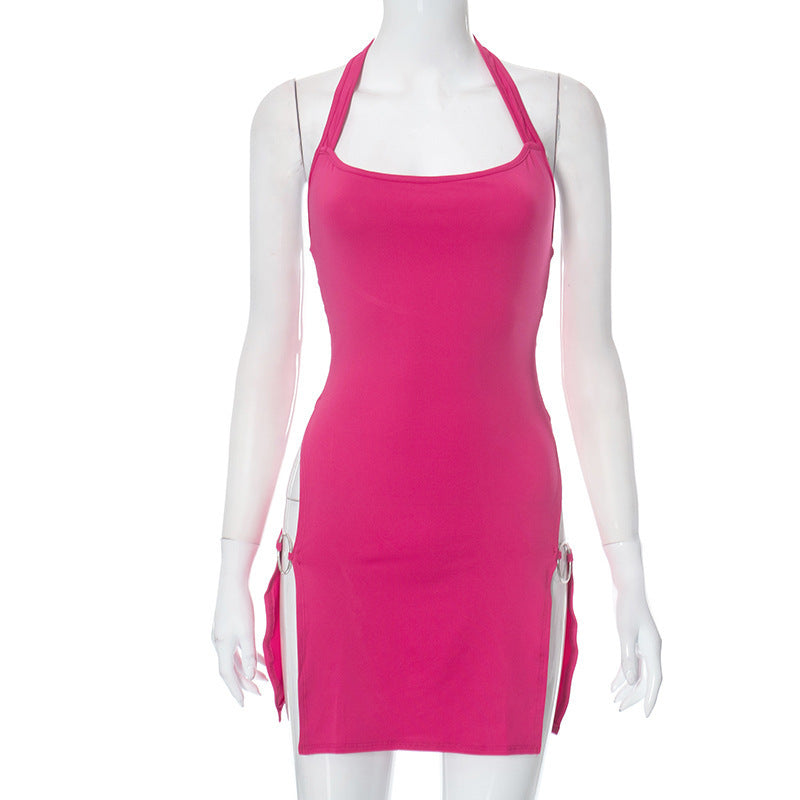 Summer Solid Color Backless Halter Sexy Hot Dress