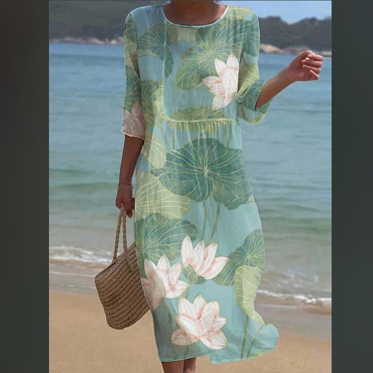 Sleeve Casual Printed Temperament Long Fitted Dress