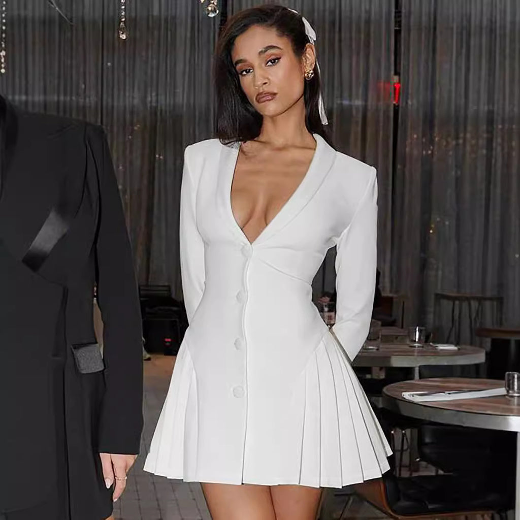 Women's Solid Color Long Sleeve Pleated Sexy Deep Dress