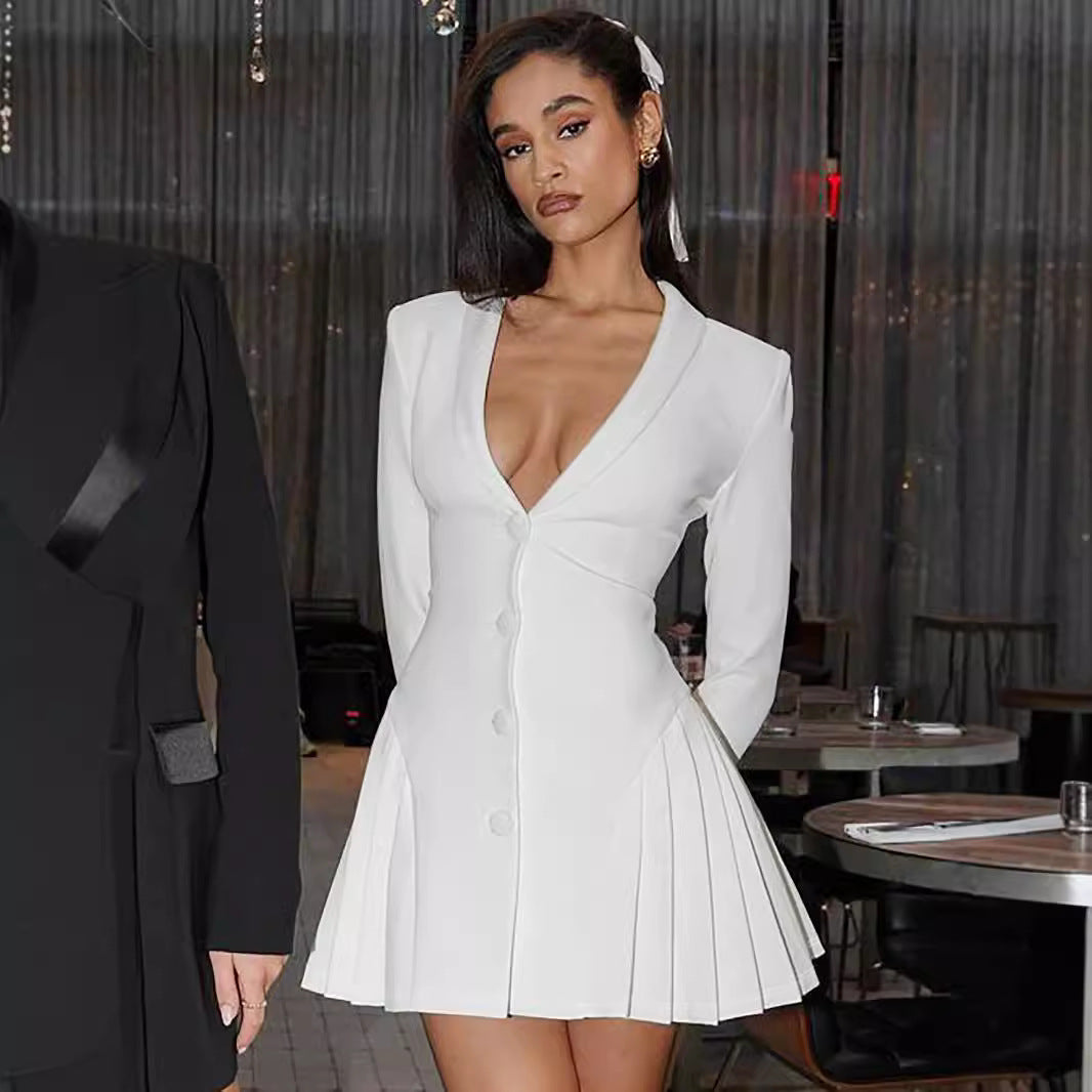 Women's Solid Color Long Sleeve Pleated Sexy Deep Dress