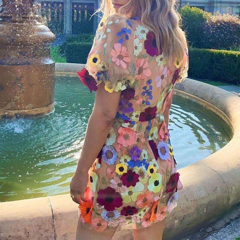 Three-dimensional Flower Sheath Lantern Sleeve Sexy Dress