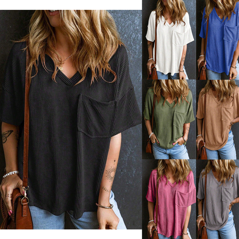 Women's Fashionable Two-color Twisted Pocket Short-sleeved For Tops