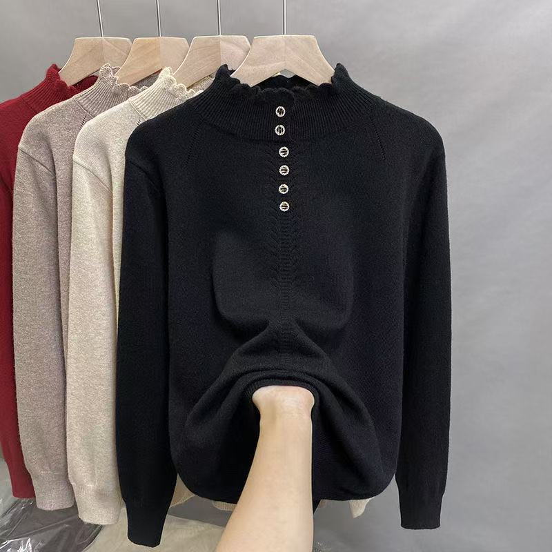 Women's Large Button Mock Neck Leisure Knitted Knitwear