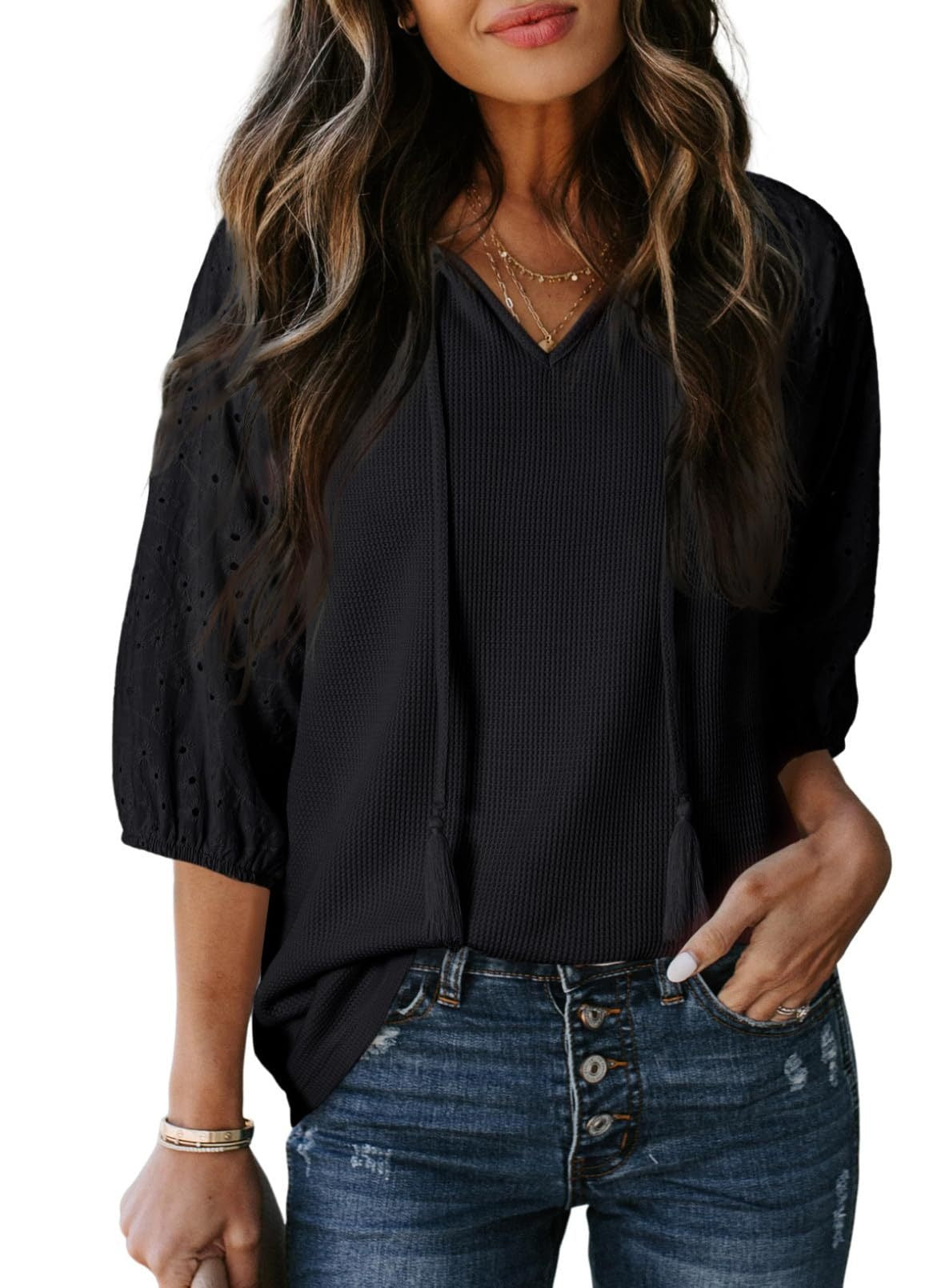 Women's Summer Jacquard Lantern Sleeve Color Matching Tops