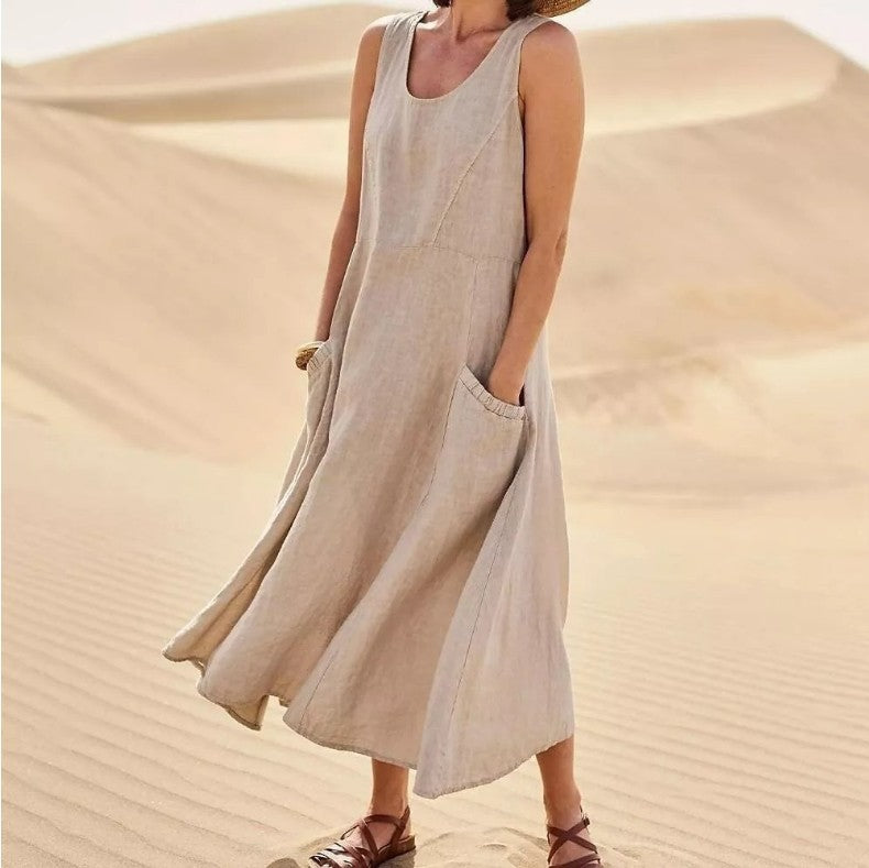 Women's Summer Retro Sleeveless Solid Color Cotton Linen Dress