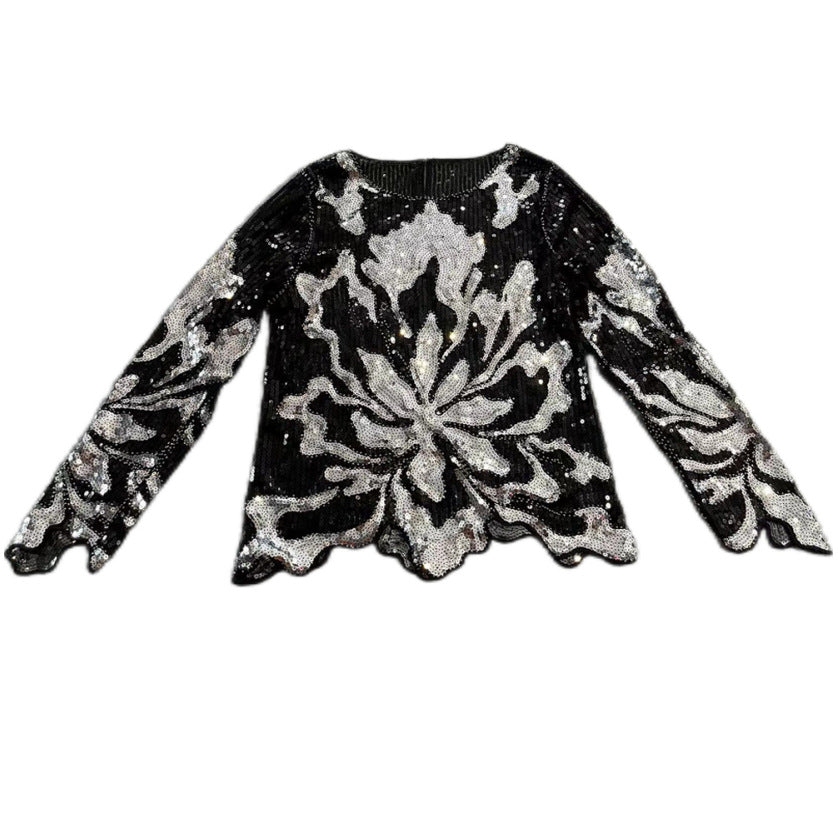 Women's Vintage Mesh Round Neck Pullover Beaded Sequins Temperament Commute Tops