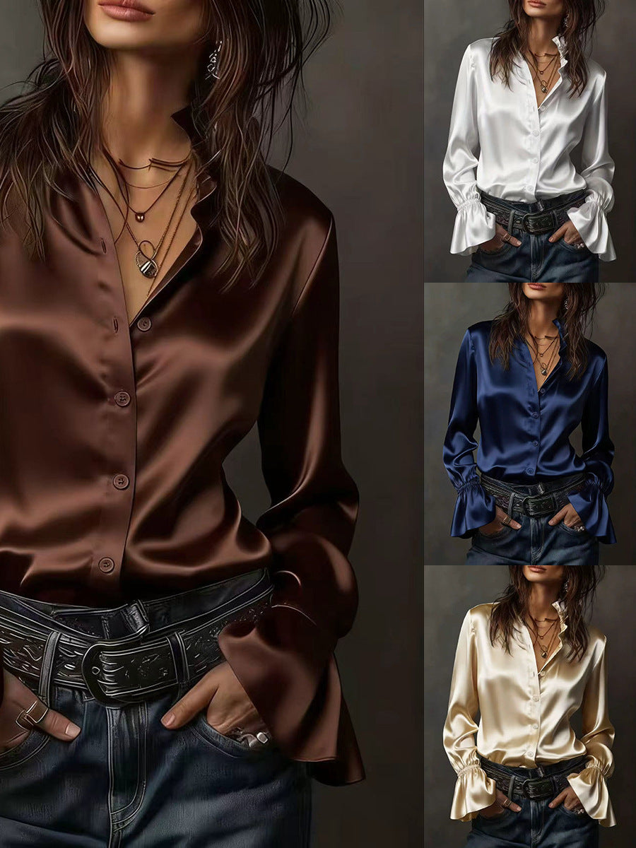 Women's Satin Silk Long Sleeve Business Casual Blouse