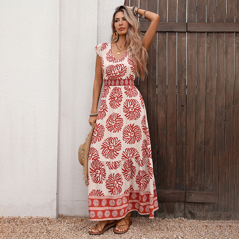 Women's Smocking Long Summer Positioning Printed For Dress