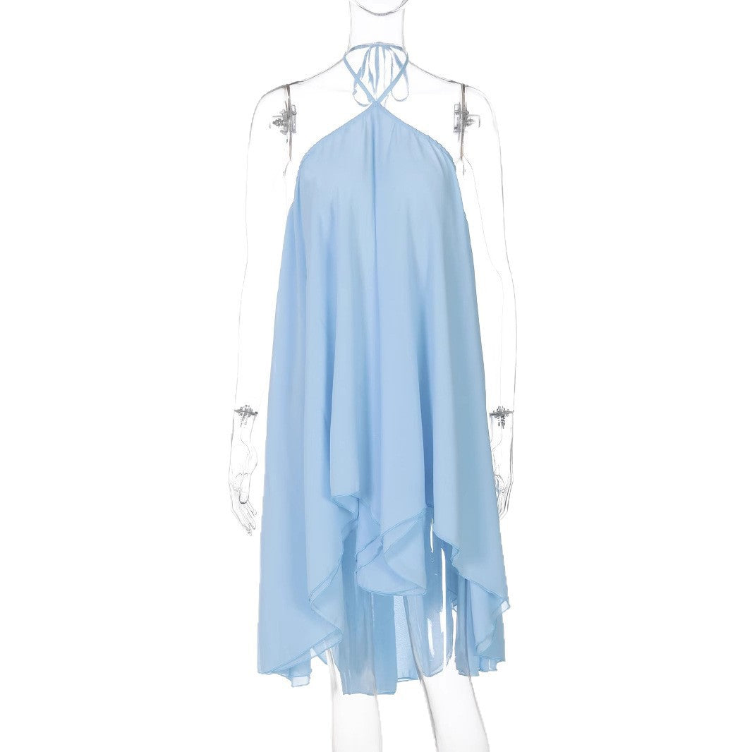 Women's Sexy Pure Color Halter Backless Chiffon Dress
