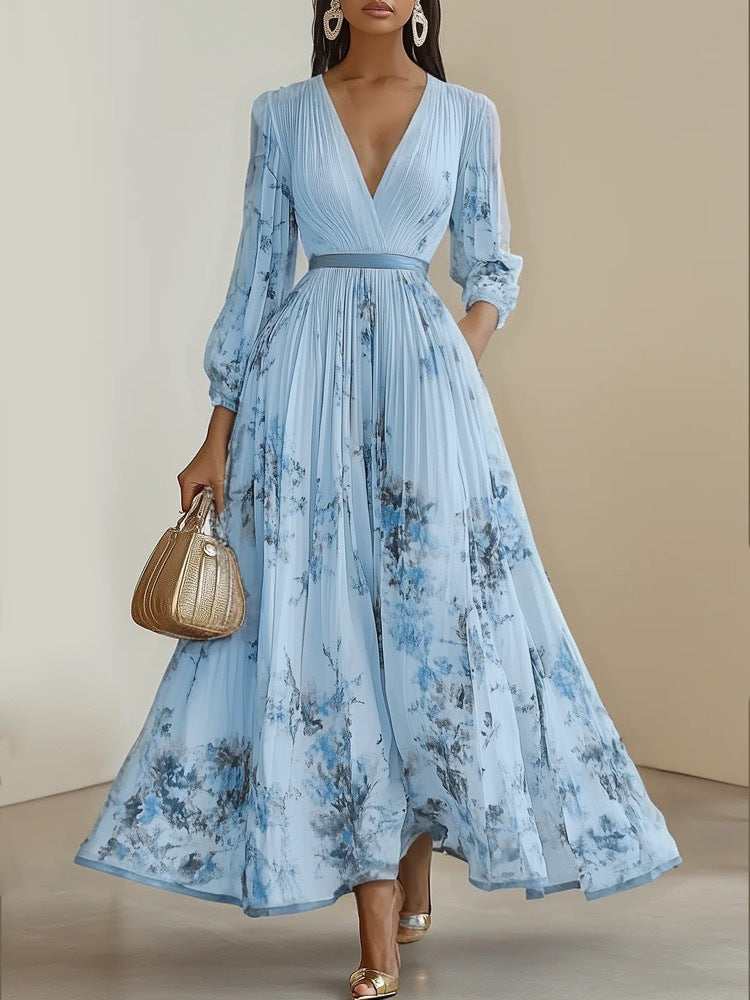 Women's Printed Long Sleeve Fashion Pleated Dress