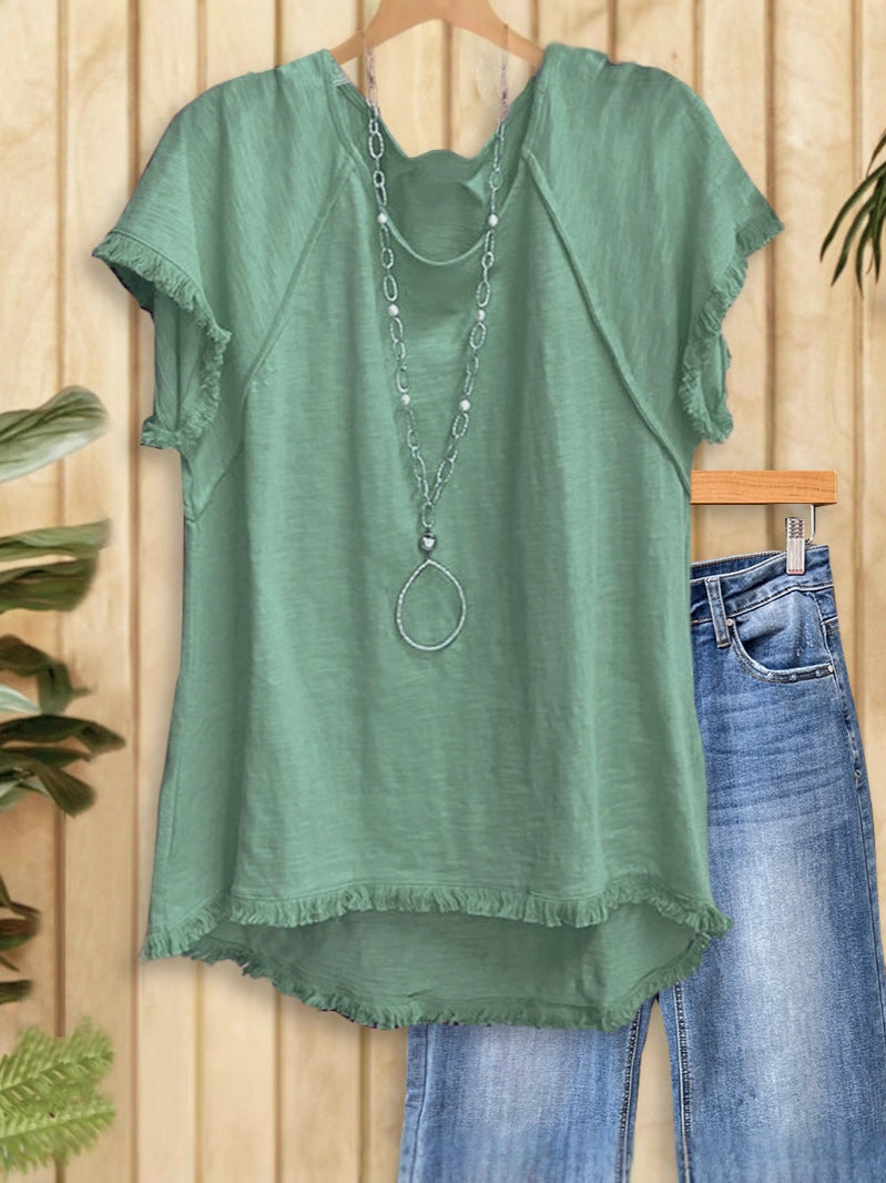 Women's Solid Color Cotton Tassel Design Sleeve Crew Neck Women's Sweater