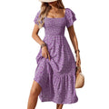 Women's Smocking Sleeve Square Collar Floral Long Dress