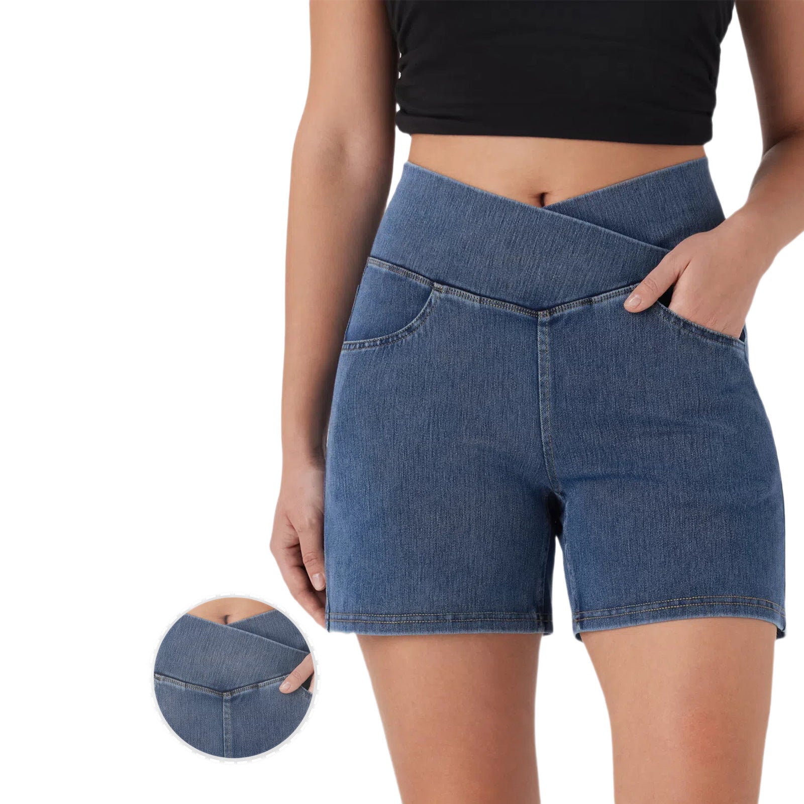 Women's Washed Cross High Waist White Denim Stretch Casual Riding Shorts