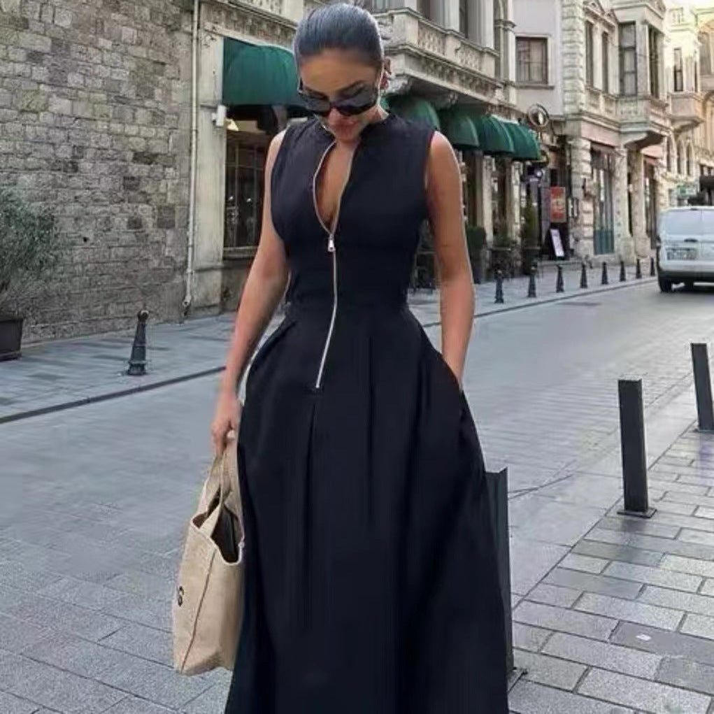 French Design Round Neck Sleeveless Waist Commuting Elegant Dress