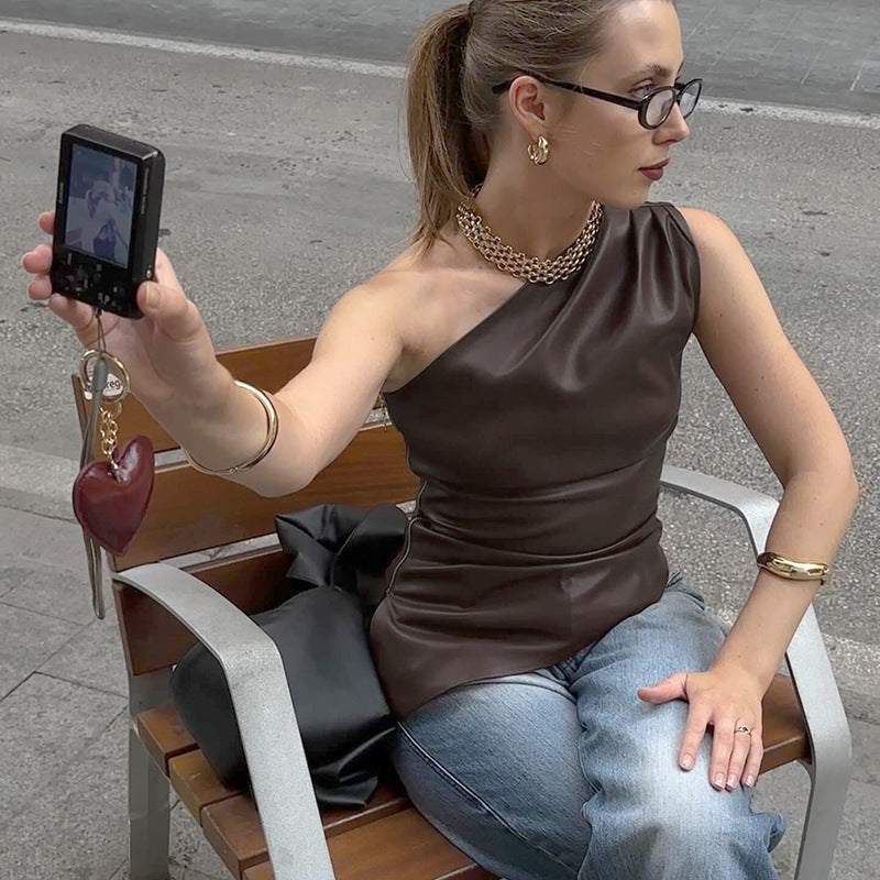 Women's Solid Color Sleeveless Diagonal Collar Zipper Tops