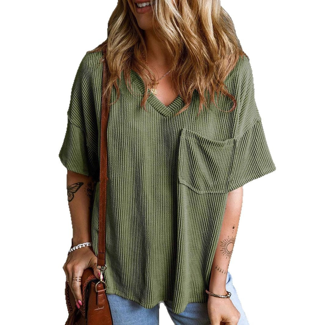 Women's Fashionable Two-color Twisted Pocket Short-sleeved For Tops