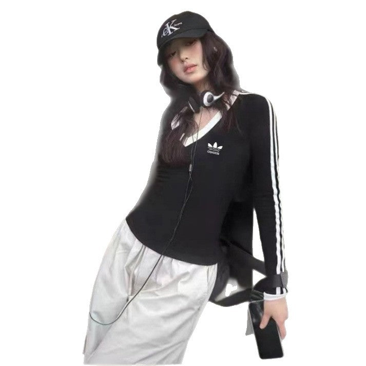 Women's Shoulder Striped Long-sleeved Slim Fit Sweet Women's T-shirt