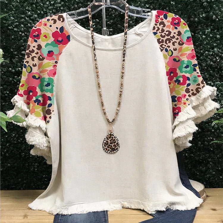 Women's Summer Floral Ruffle Sleeve Round Neck Multicolor Printing Women's T-shirt