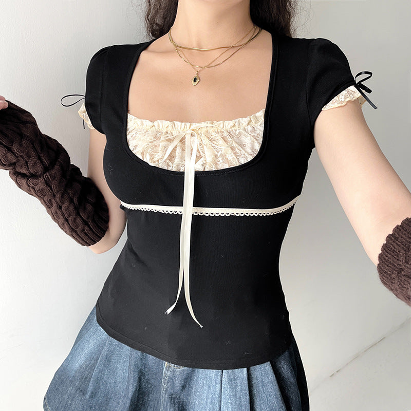 Women's Winter Color Contrast Patchwork Lace Square Collar Tops