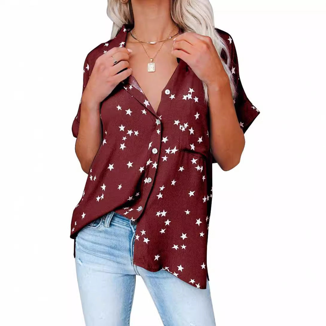 Women's Summer Printed Breasted Batwing Sleeve Blouse