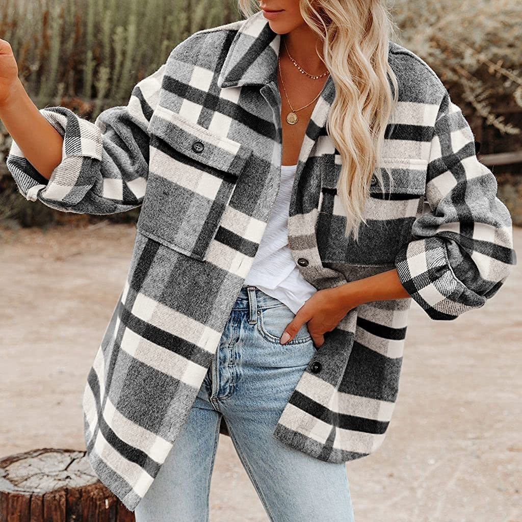 Women's Plaid Button Flannel Woolen Shirt Blouse