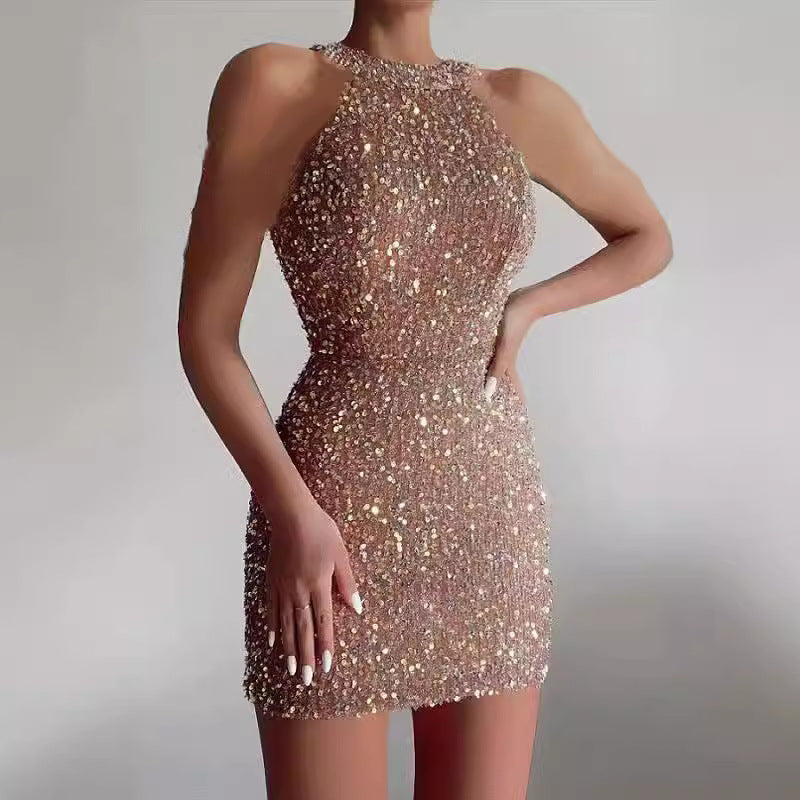Halter Sexy Crystal Fringed Sheath Sequins Mid Waist Dress