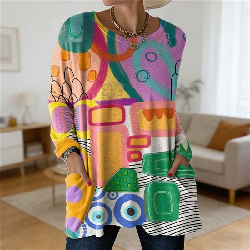 Women's Digital Printing Fashion Round Neck Mid-length Women's T-shirt