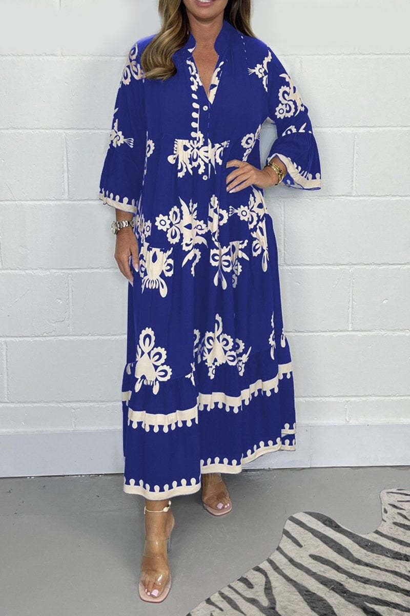 Women's Elegant Print Stand-up Collar Cinched Dress