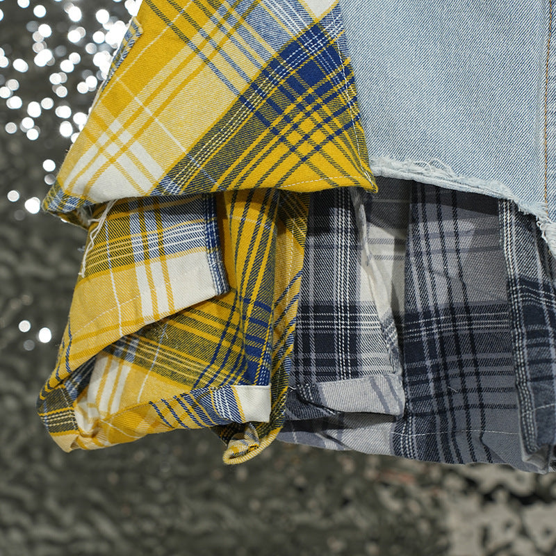 Women's Designer Model Denim Summer Plaid Stitching Skirt