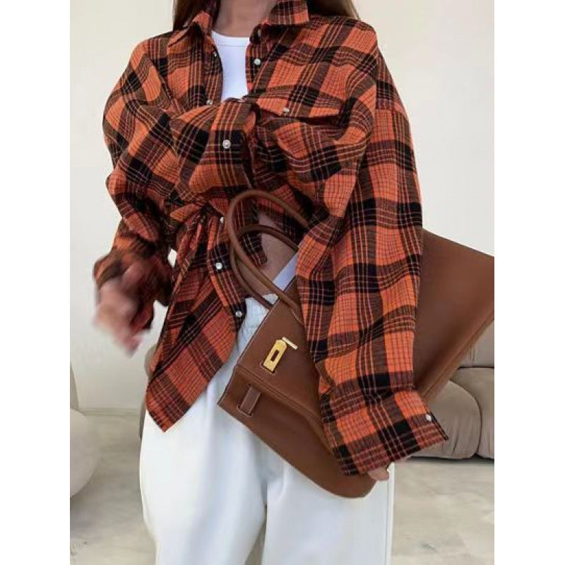 Women's Style Lapel Loose Shirt Autumn Plaid Long Blouse