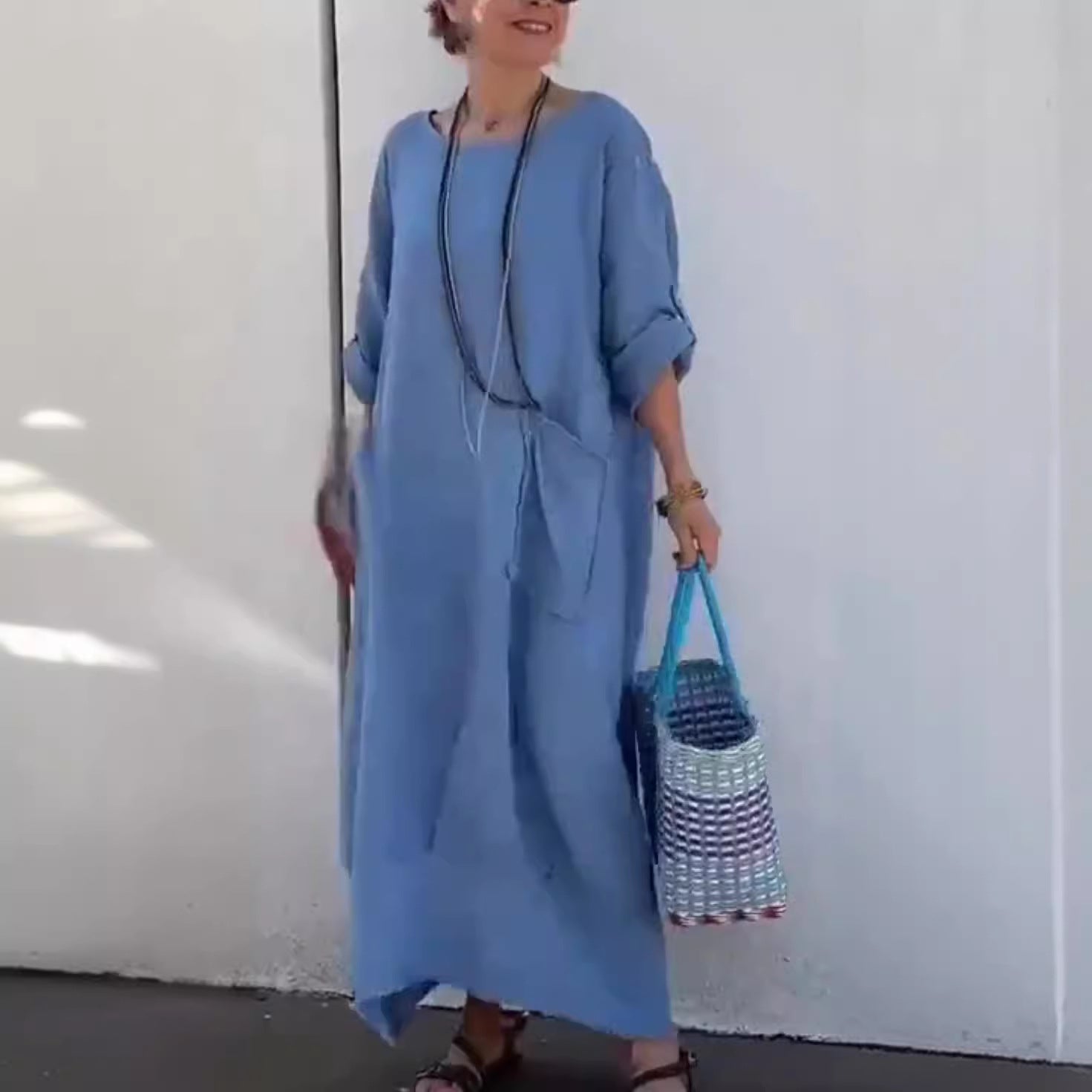 Women's Cotton Linen Summer Casual Pure Color Ribbon Pocket Dress