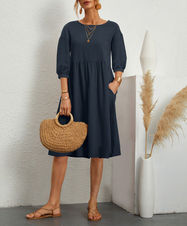 Cotton Linen Solid Color Lantern Sleeve Pleating Loose Skirts