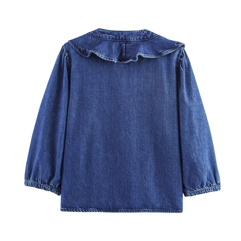 Women's Fashionable Casual Simple Lace Denim Shirt Blouse