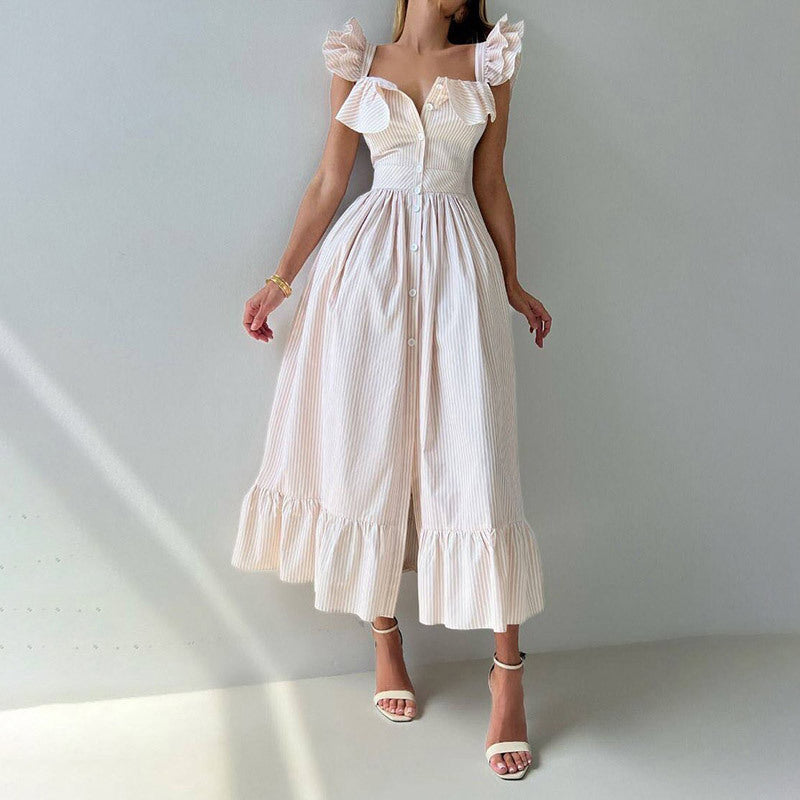 Flying Sleeves Striped Ruffled Long Summer Casual Style Dress