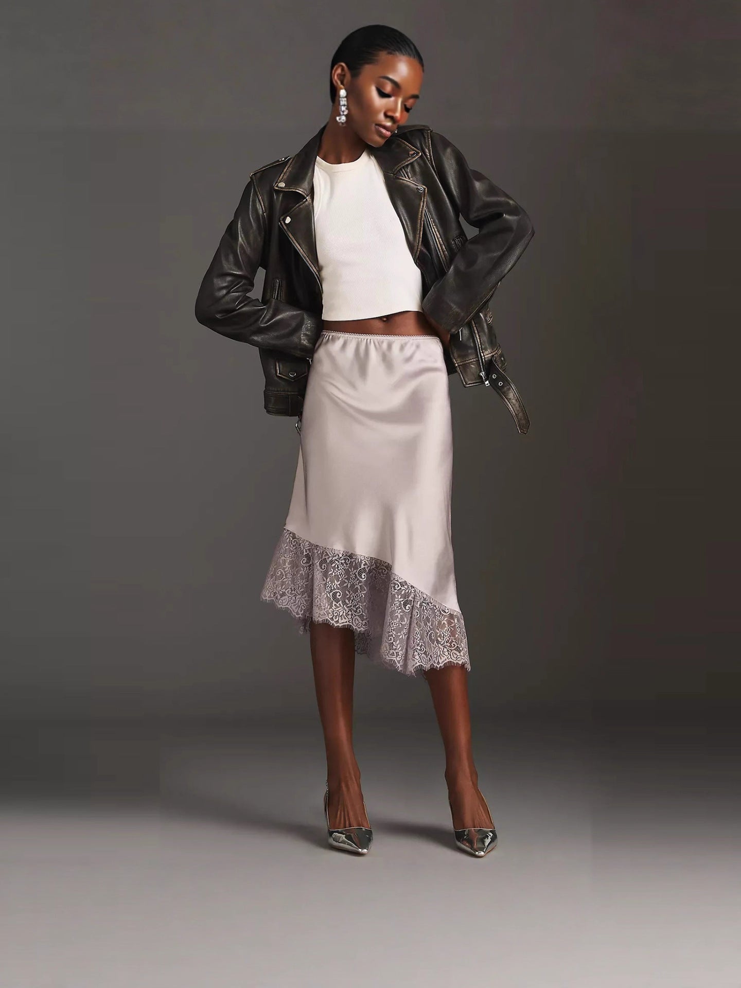 Women's Lace Stitching Summer Solid Color Satin Skirt