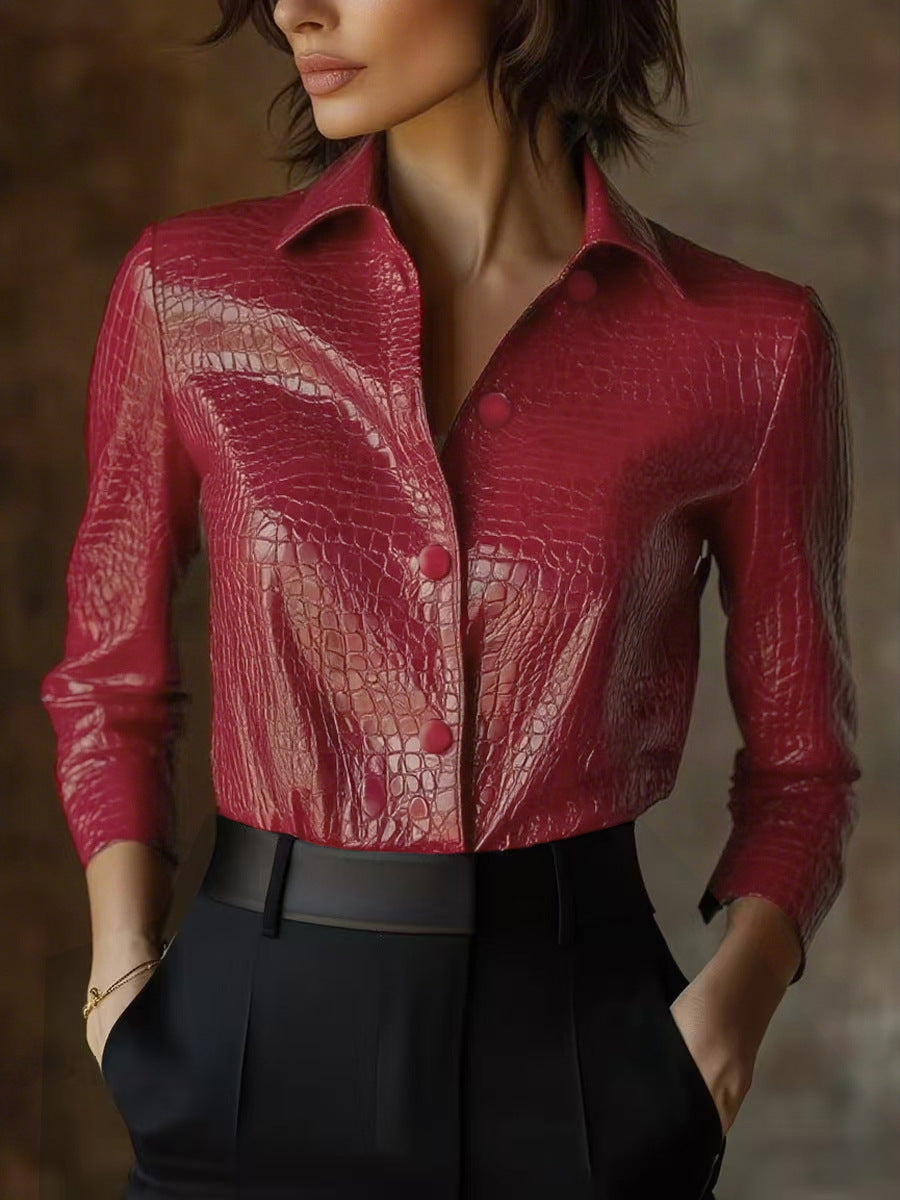 Women's Fashion Long Sleeve Shirt Crocodile Pattern Blouse