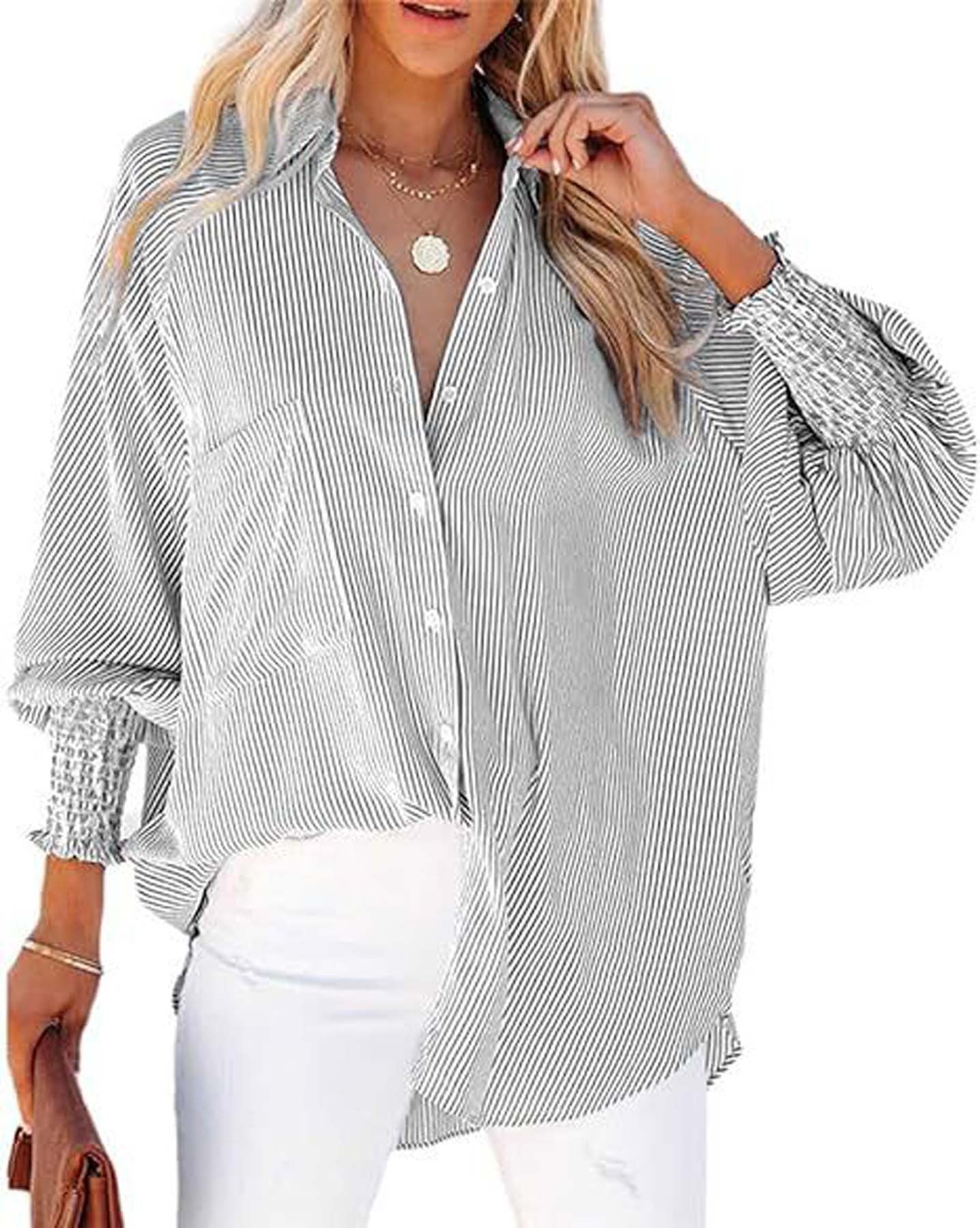 Women's Striped Long Sleeve Loose Shirt Casual Tops