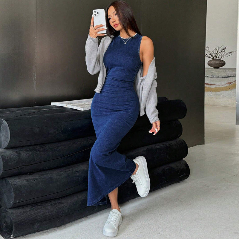 Women's Denim Round Neck Sleeveless Slim Fit Hip Dress