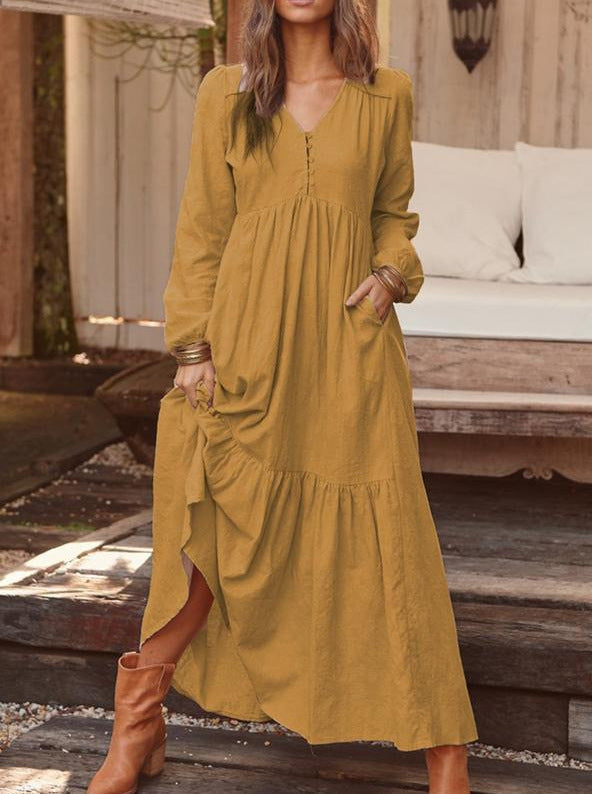 Women's Button Cotton Linen Retro Casual Long-sleeved Large Dress