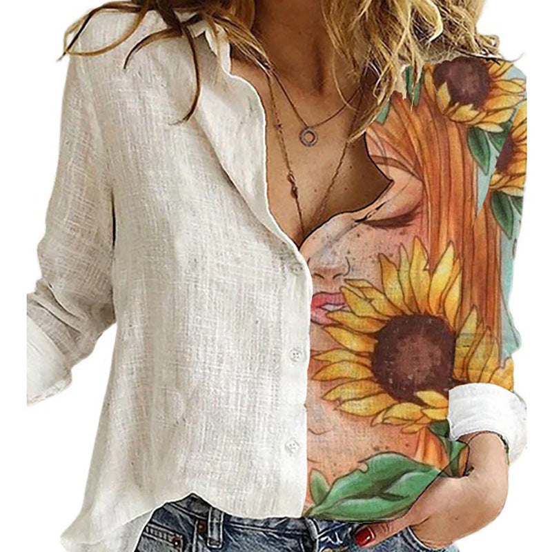 Classic Women's Shirt Printed Long-sleeved Casual Blouse