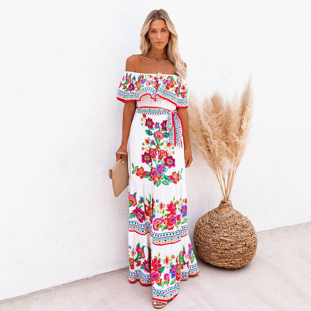 Women's Red Flower Print Long Large Hem Dress