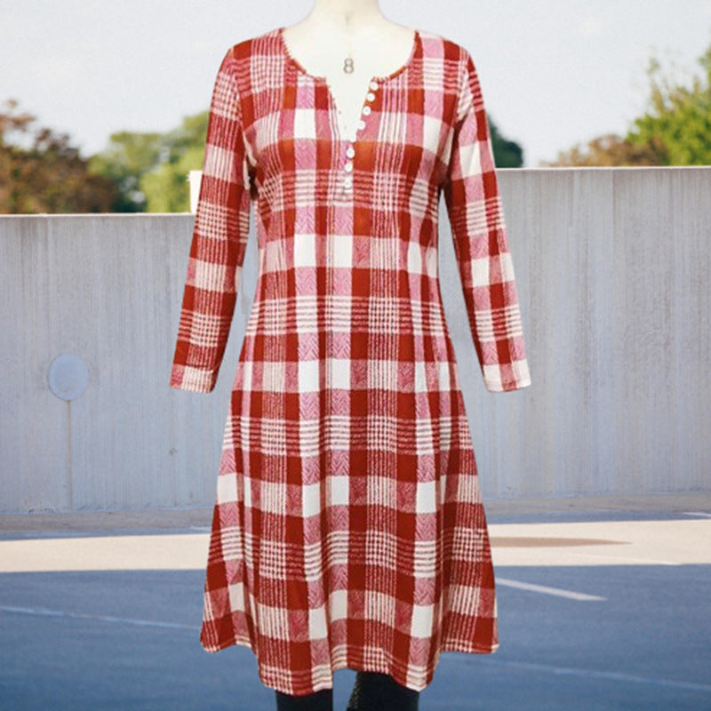 Beautiful Attractive Red Retro Plaid Button Dress